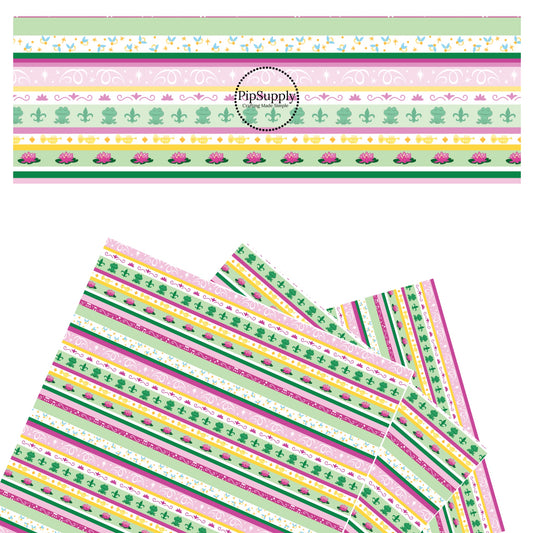 Green and pink princess stripes with frogs and music faux leather sheets