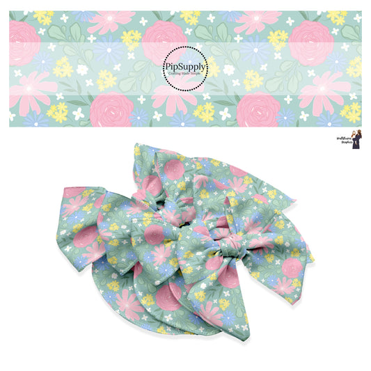 These spring floral pattern themed no sew bow strips can be easily tied and attached to a clip for a finished hair bow. These patterned bow strips are great for personal use or to sell. These bow strips features colorful floral garden.