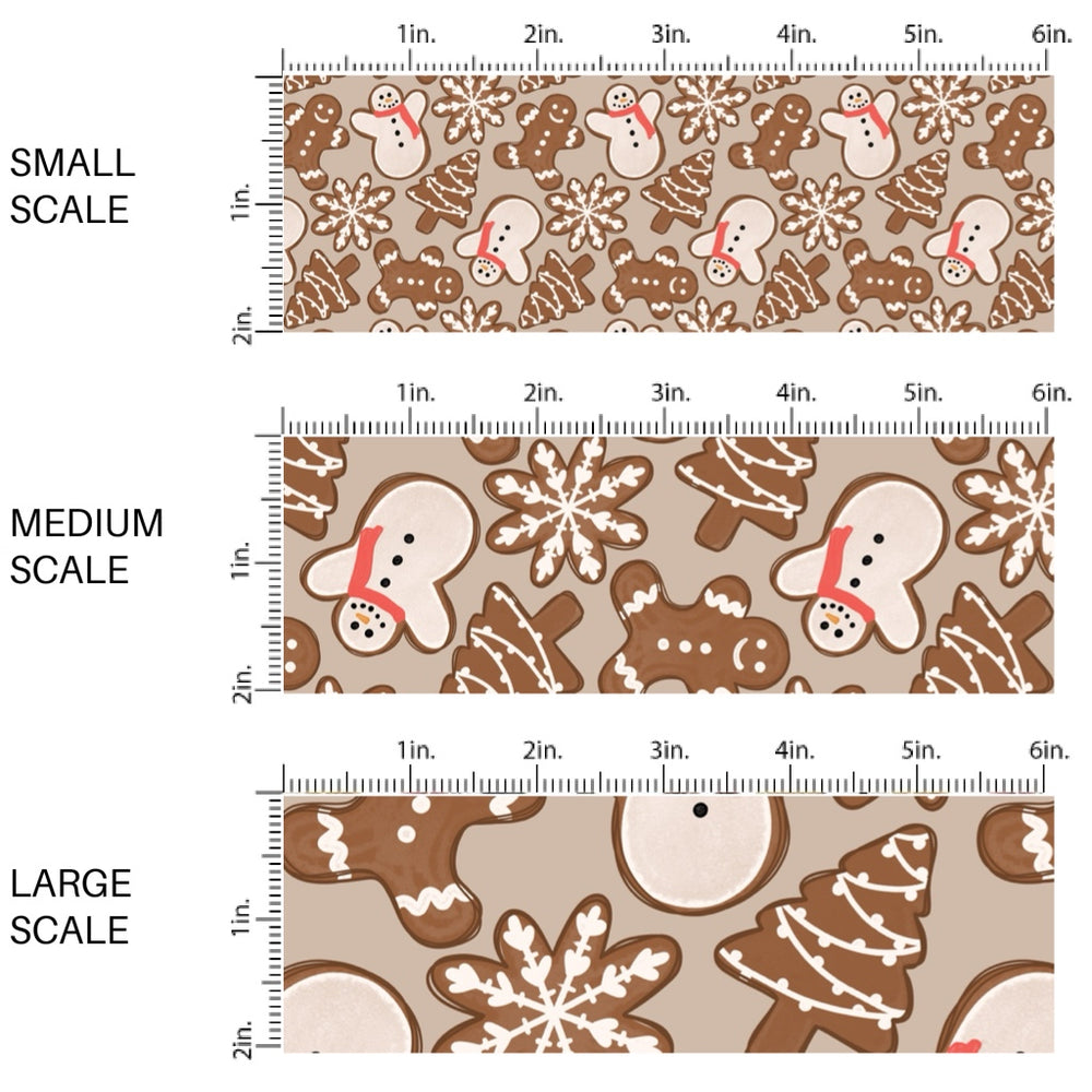 These Christmas themed pattern fabric by the yard features the following design elements: frosted gingerbread cookies on brown. This fun themed fabric can be used for all your sewing and crafting needs!