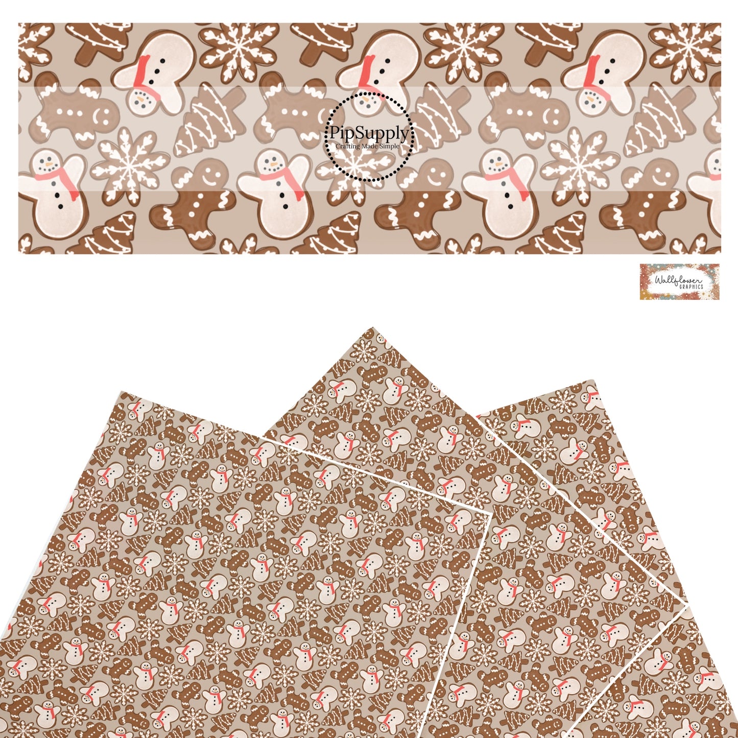 These Christmas themed pattern faux leather sheets contain the following design elements: frosted gingerbread cookies on brown. Our CPSIA compliant faux leather sheets or rolls can be used for all types of crafting projects.