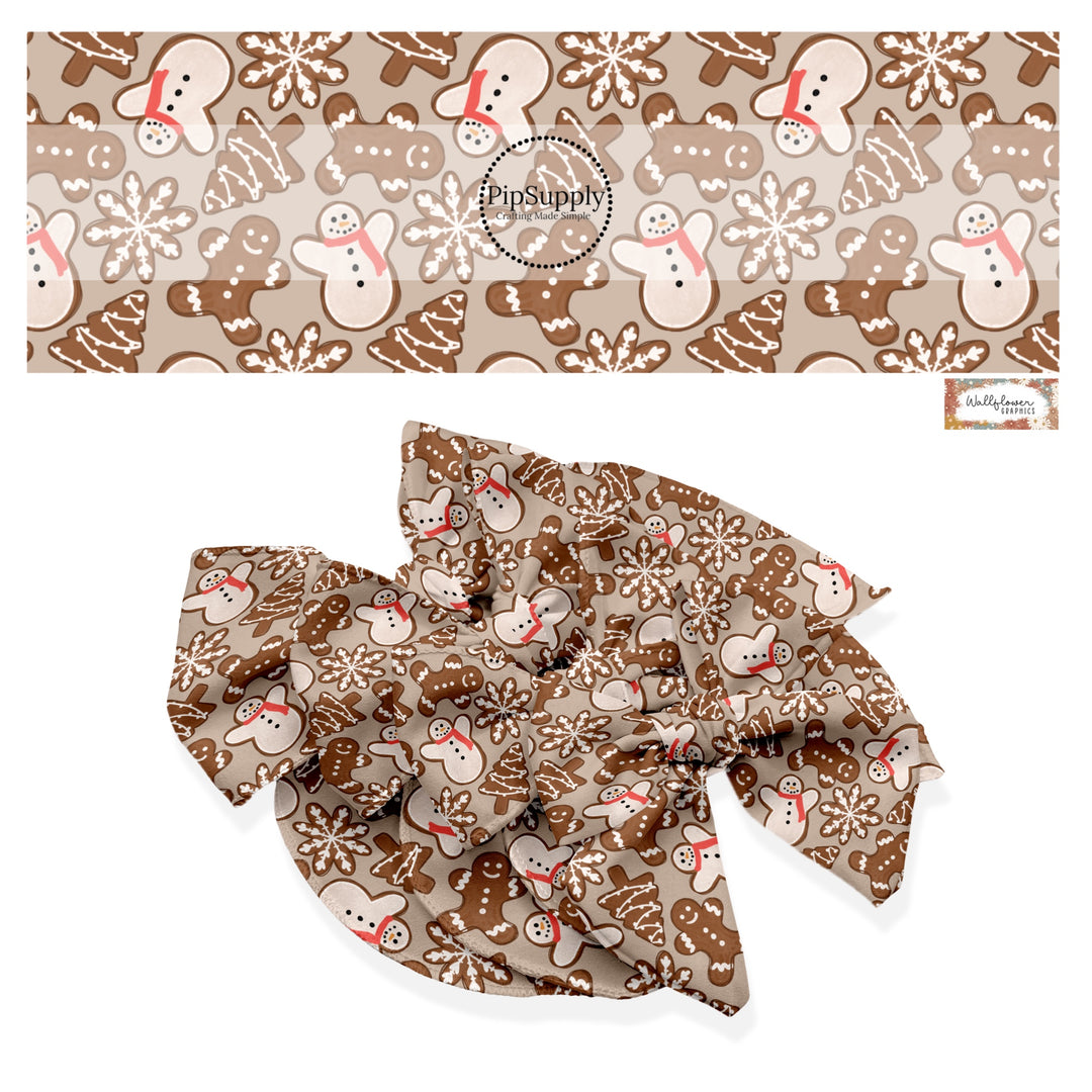 These Christmas themed no sew bow strips can be easily tied and attached to a clip for a finished hair bow. These fun patterned bow strips are great for personal use or to sell. These bow strips feature the following design elements: frosted gingerbread cookies on brown.