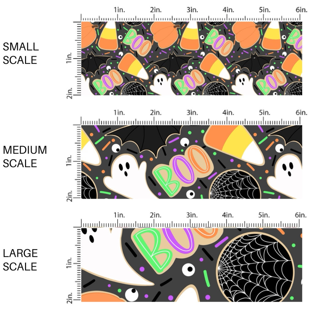 These Halloween themed pattern fabric by the yard features the following design elements: colorful holiday cookies on black. This fun spooky themed fabric can be used for all your sewing and crafting needs!