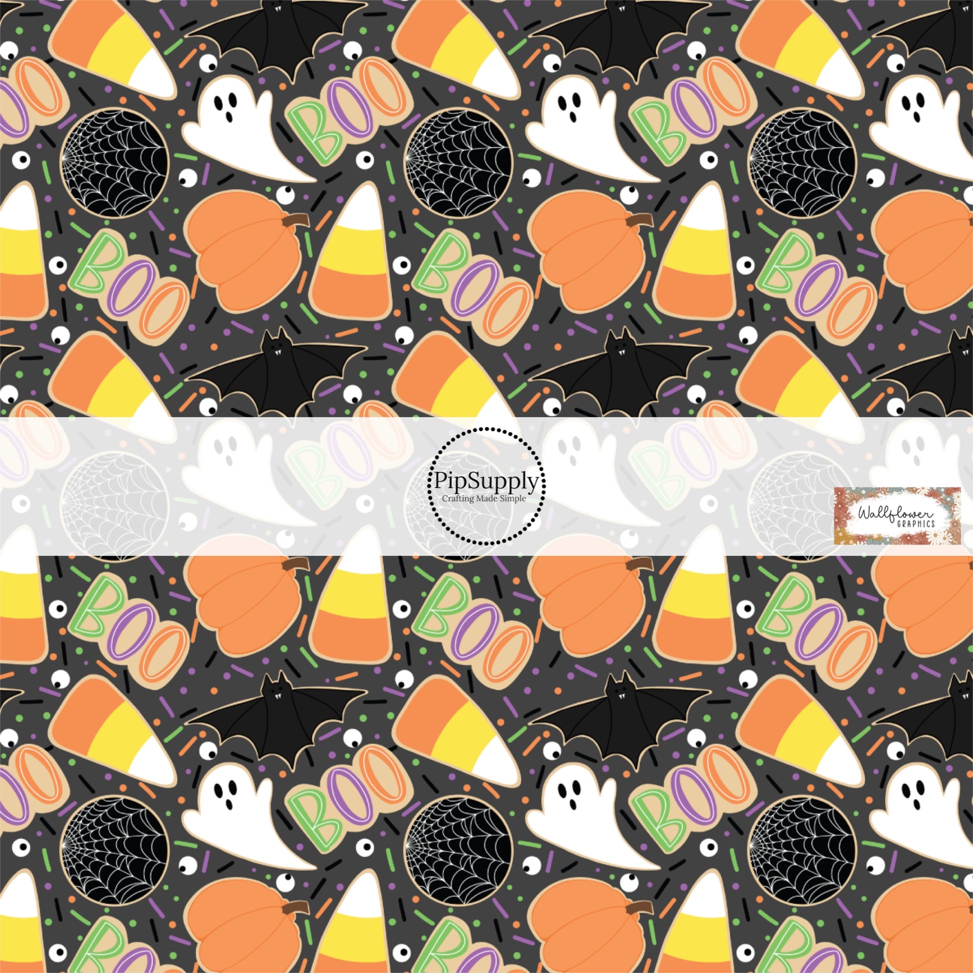 These Halloween themed pattern fabric by the yard features the following design elements: colorful holiday cookies on black. This fun spooky themed fabric can be used for all your sewing and crafting needs!