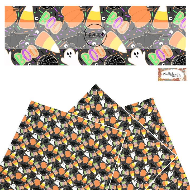 These Halloween themed pattern faux leather sheets contain the following design elements: colorful holiday cookies on black. Our CPSIA compliant faux leather sheets or rolls can be used for all types of crafting projects.