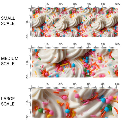 This scale chart of small scale, medium scale, and large scale of this sprinkle fabric by the yard features colorful sprinkles on frosting. This fun themed fabric can be used for all your sewing and crafting needs!