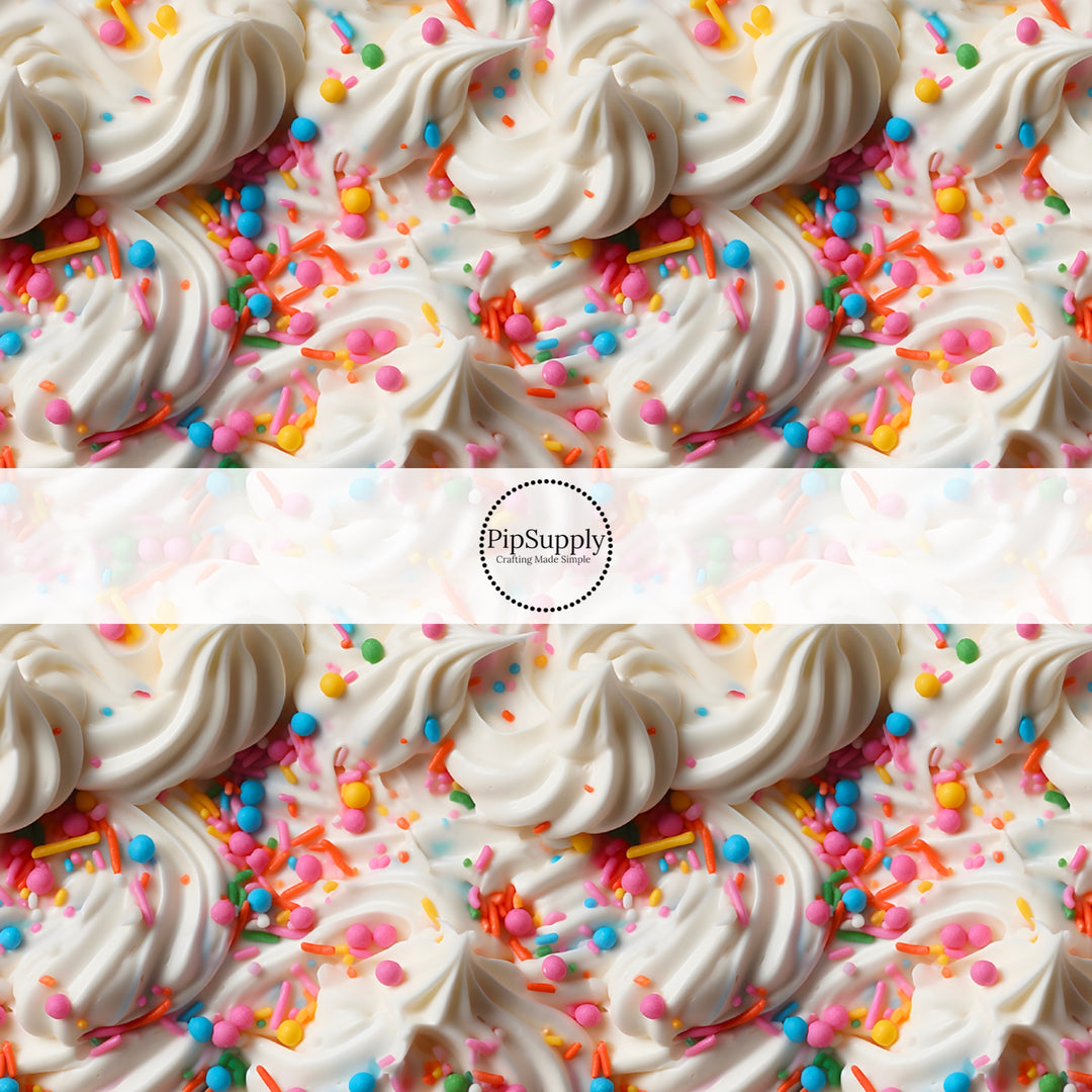 This sprinkle fabric by the yard features colorful sprinkles on frosting. This fun themed fabric can be used for all your sewing and crafting needs!