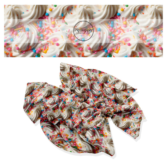These sprinkle themed no sew bow strips can be easily tied and attached to a clip for a finished hair bow. These patterned bow strips are great for personal use or to sell. These bow strips feature colorful sprinkles on frosting.