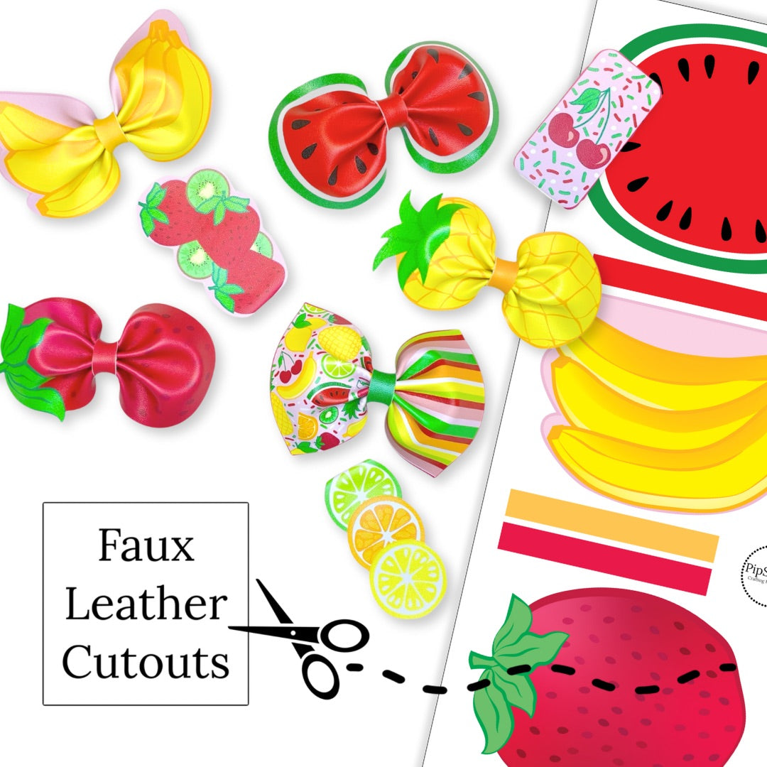 These spring fruit themed faux leather bow cutouts are ready to cut and assemble for many craft projects. These patterned cutouts can be used to make a hair bow, headband, banner, photo props, scrapbook, party or classroom decorations, bulletin board trim or anything creative!