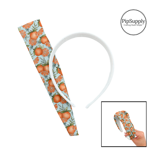 These fun summer fruit kits with oranges and orange slices include a custom printed and sewn fabric strip and a coordinating velvet headband. 