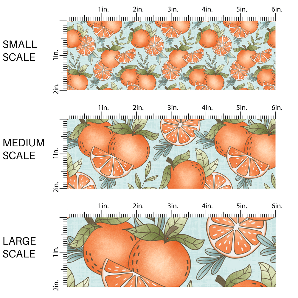 This scale image with small scale, medium scale, and large scale of these fruit on light blue fabric by the yard features oranges and orange slices.