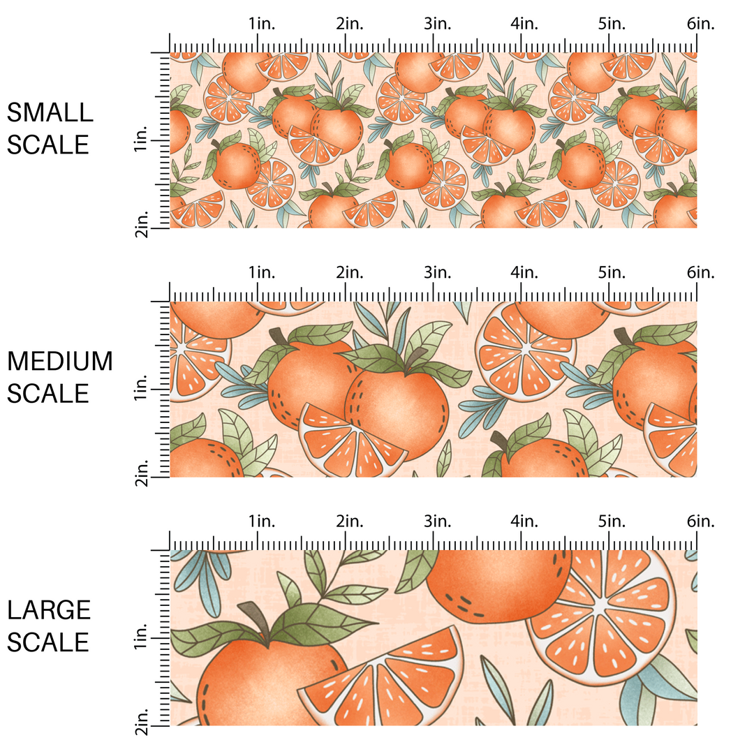 This scale image with small scale, medium scale, and large scale of these fruit on light blush fabric by the yard features oranges and orange slices.