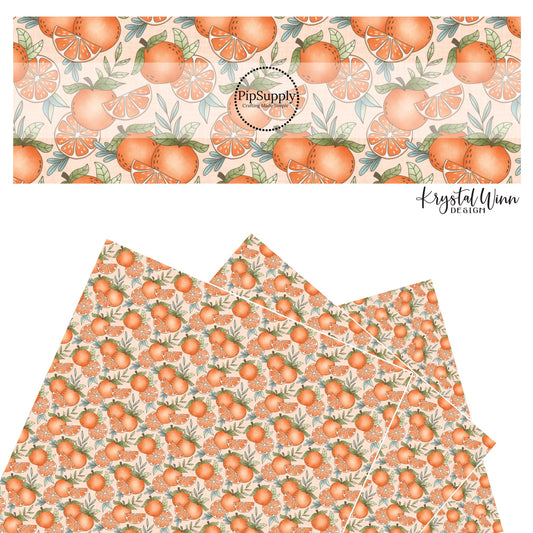 These fruit on light blush faux leather sheets contain the following design elements: oranges and orange slices. 