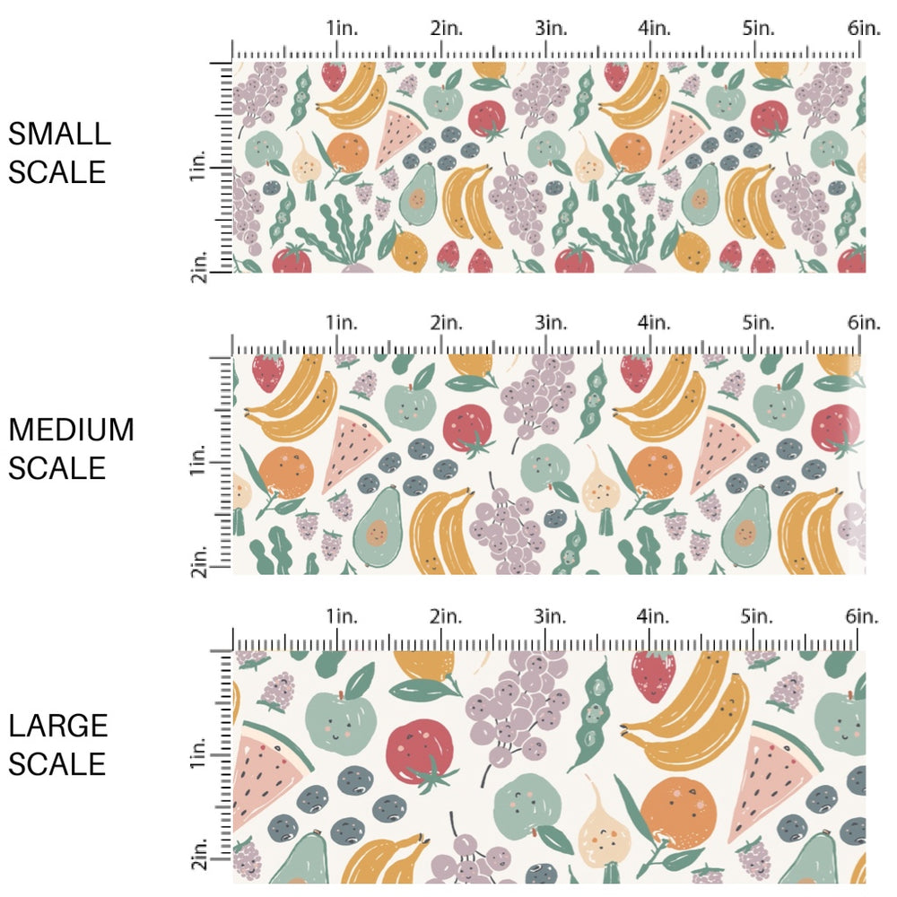 These spring fabric by the yard features spring fruit salad with smiley faces. This fun pattern fabric can be used for all your sewing and crafting needs!