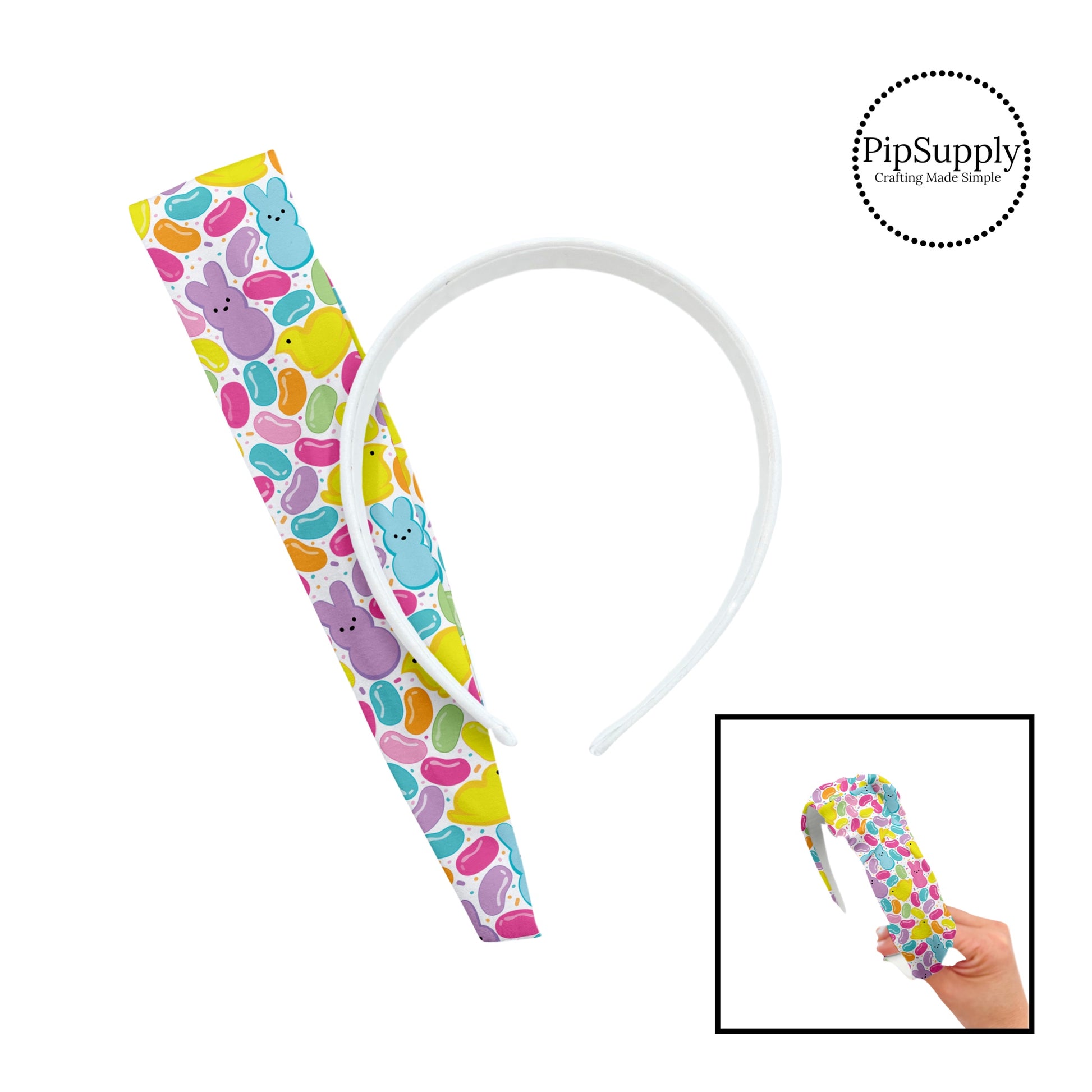 These spring patterned headband kits are easy to assemble and come with everything you need to make your own knotted headband. These kits include a custom printed and sewn fabric strip and a coordinating velvet headband. This cute pattern features Easter candy and treats.