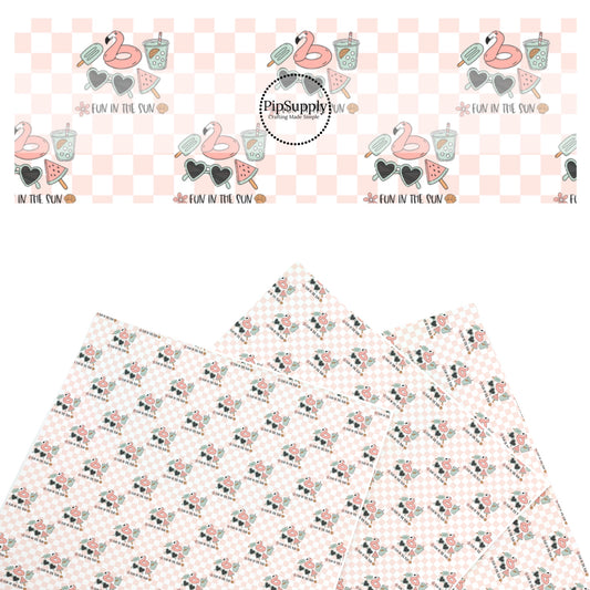 These summer faux leather sheets contain the following design elements: summer pool items on pink and white checkered pattern. Our CPSIA compliant faux leather sheets or rolls can be used for all types of crafting projects.