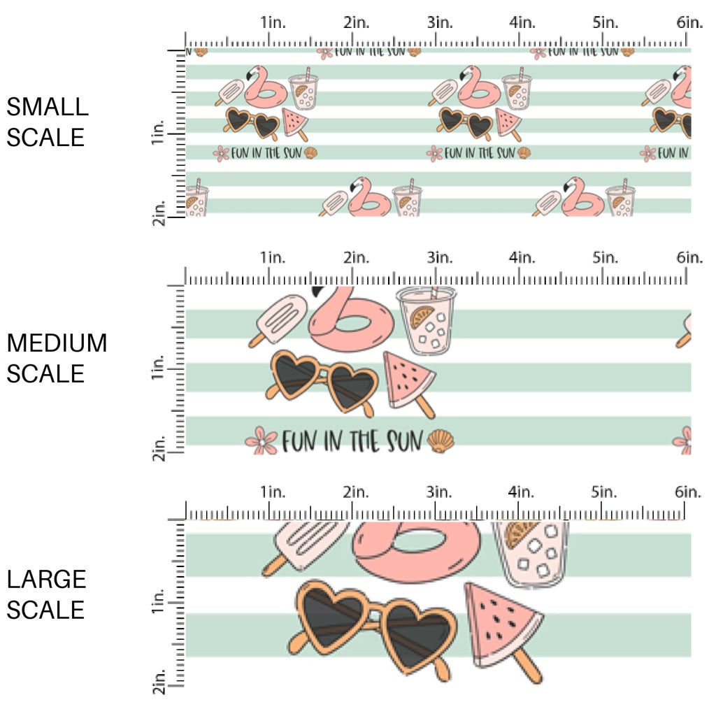 This scale chart of small scale, medium scale, and large scale of this summer fabric by the yard features summer pool items on mint and white stripe pattern. This fun summer themed fabric can be used for all your sewing and crafting needs!