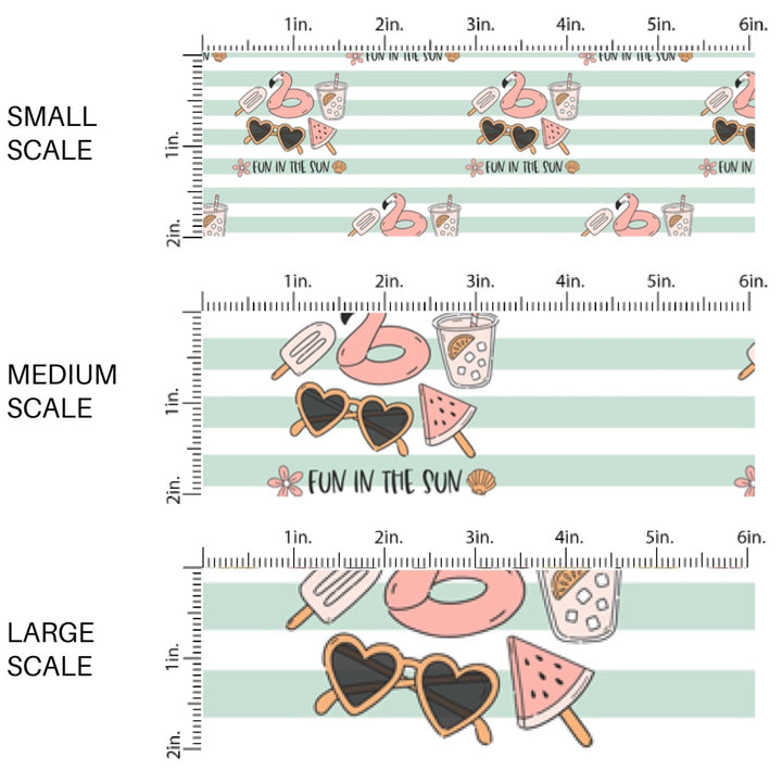 This scale chart of small scale, medium scale, and large scale of this summer fabric by the yard features summer pool items on mint and white stripe pattern. This fun summer themed fabric can be used for all your sewing and crafting needs!