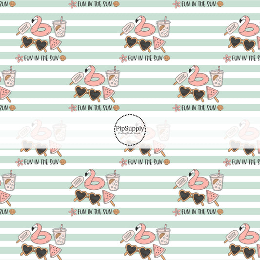 This summer fabric by the yard features summer pool items on mint and white stripe pattern. This fun summer themed fabric can be used for all your sewing and crafting needs!
