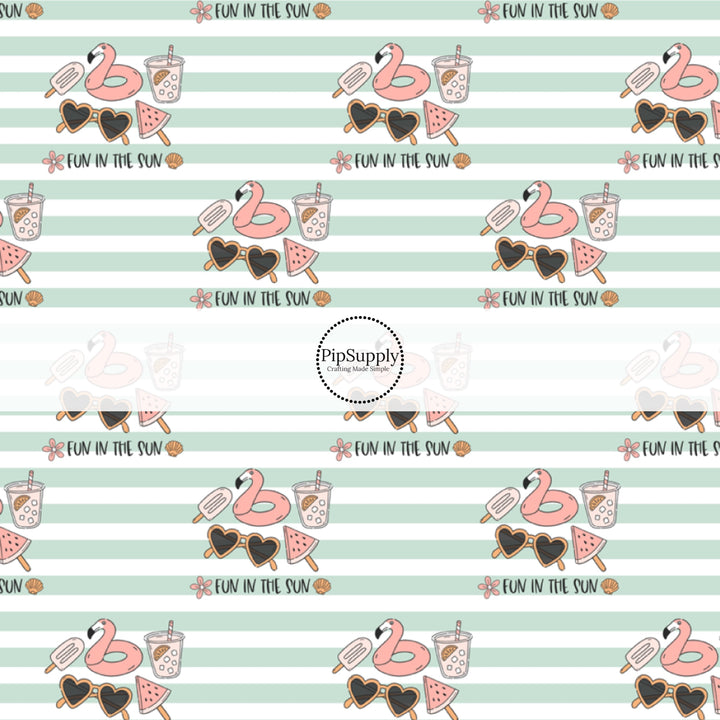 This summer fabric by the yard features summer pool items on mint and white stripe pattern. This fun summer themed fabric can be used for all your sewing and crafting needs!