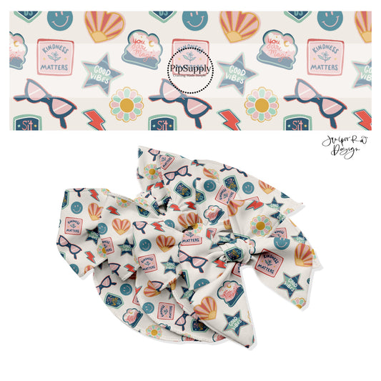 Glasses, stars, kind words, lightning bolts, flowers, hearts, smiley faces on cream bow strips