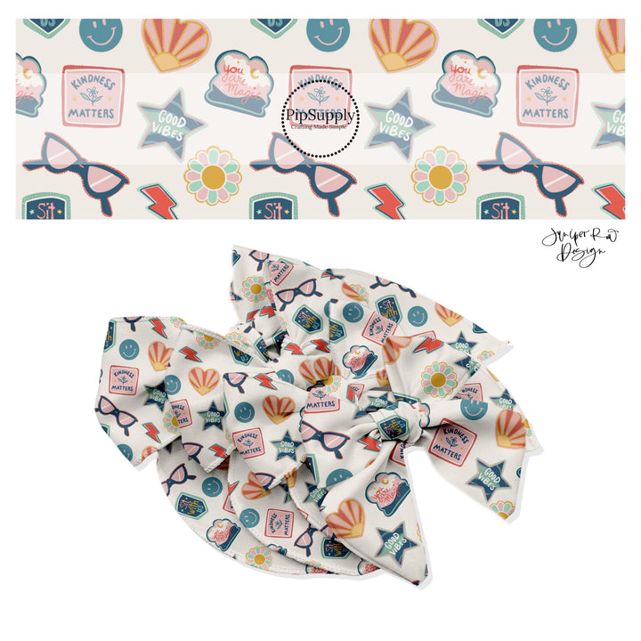 Glasses, stars, kind words, lightning bolts, flowers, hearts, smiley faces on cream bow strips