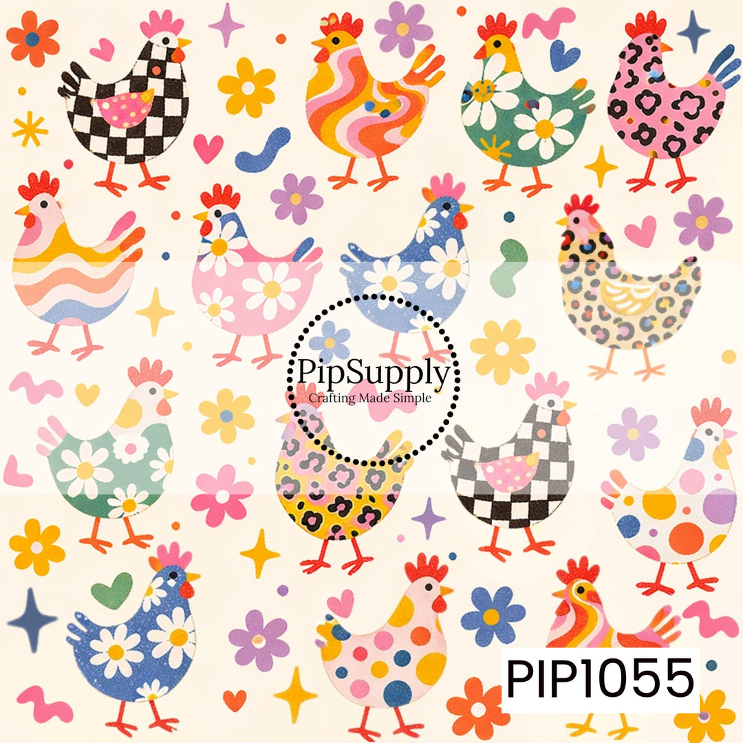 A whimsical collection of hand-painted chickens featuring playful patterns like checkerboard, florals, leopard print, polka dots, and wavy stripes. Bright flowers, hearts, and retro-inspired accents are scattered throughout, creating a cheerful farmhouse design filled with colorful country charm.
