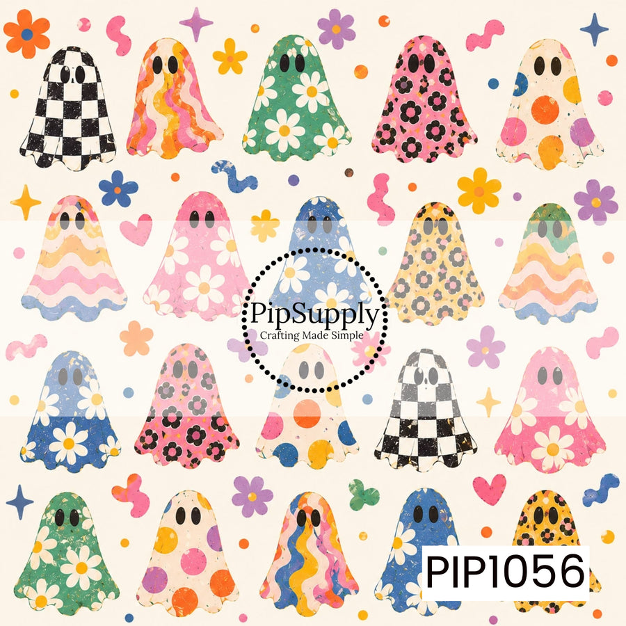A playful collection of hand-painted ghosts dressed in cheerful patterns including checkerboard, florals, leopard print, polka dots, and wavy stripes. Colorful flowers, hearts, stars, and whimsical accents are scattered throughout, creating a fun retro-inspired Halloween design with a cute, not-so-spooky feel.
