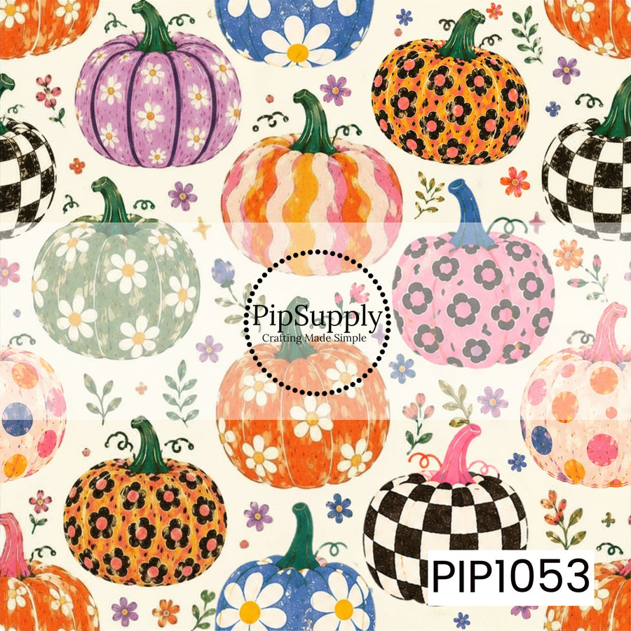 A charming collection of hand-painted pumpkins featuring a mix of playful patterns including florals, checkerboard, leopard print, polka dots, and wavy stripes. Soft autumn tones are paired with bright pops of color, while scattered flowers and leafy accents create a whimsical, vintage-inspired design full of cozy fall charm.
