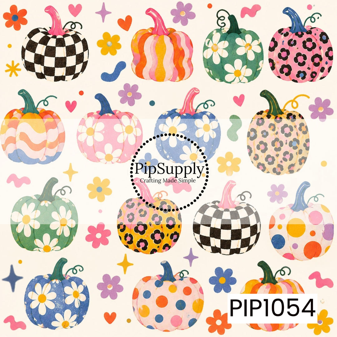 A playful assortment of hand-painted pumpkins featuring cheerful patterns including daisies, checkerboard, leopard print, polka dots, and wavy stripes. Surrounded by colorful flowers, hearts, stars, and whimsical accents, this design combines bright fall colors with a fun, retro-inspired style for a fresh take on autumn.
