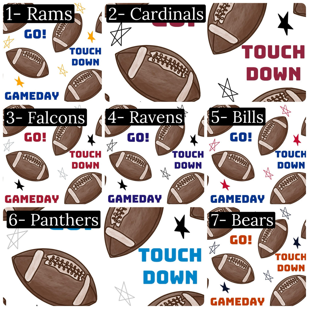 These professional football team colored faux leather sheets contain the following design elements: stars and footballs. Our CPSIA compliant faux leather sheets or rolls can be used for all types of crafting projects. Each color combination is numbered and has a matching star pattern. Show your team spirit with these faux leather sheets.