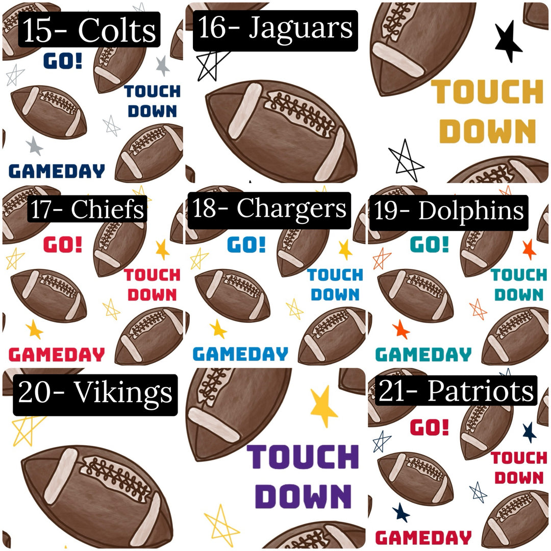 These professional football team colored faux leather sheets contain the following design elements: stars and footballs. Our CPSIA compliant faux leather sheets or rolls can be used for all types of crafting projects. Each color combination is numbered and has a matching star pattern. Show your team spirit with these faux leather sheets.