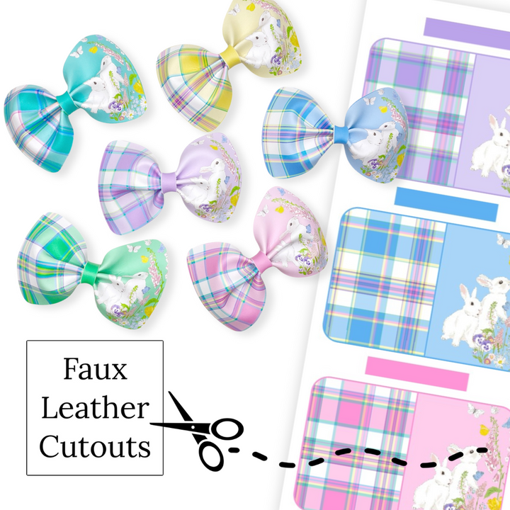 These Easter themed faux leather bows with Easter bunnies, plaid, and flowers are ready to cut and assemble for many craft projects. These patterned cutouts can be used to make a hair bow, headband, banner, photo props, scrapbook, party or classroom decorations, bulletin board trim or anything creative! 