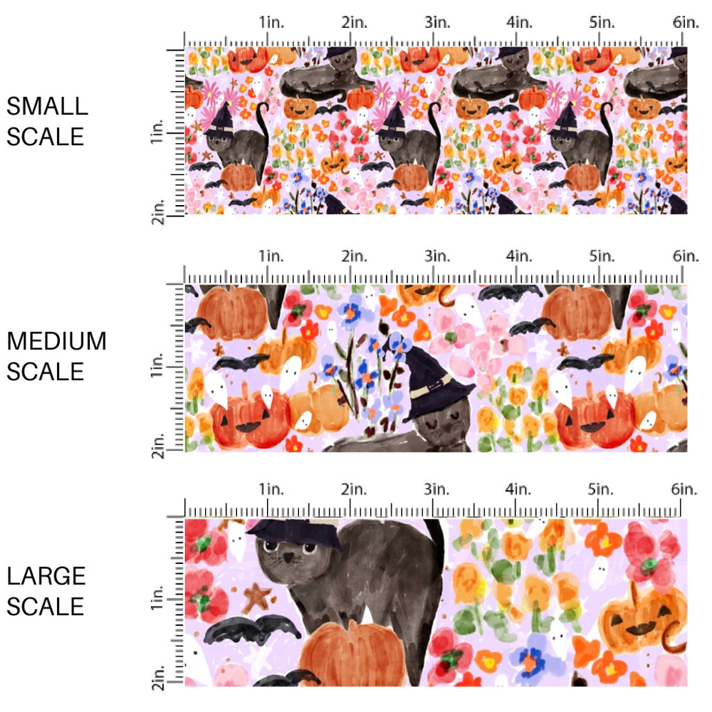 This scale chart of small scale, medium scale, and large scale of these Halloween themed pattern fabric by the yard features the following design elements: black cats surrounded by flowers and pumpkins. This fun spooky themed fabric can be used for all your sewing and crafting needs!