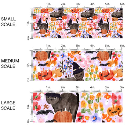 This scale chart of small scale, medium scale, and large scale of these Halloween themed pattern fabric by the yard features the following design elements: black cats surrounded by flowers and pumpkins. This fun spooky themed fabric can be used for all your sewing and crafting needs!