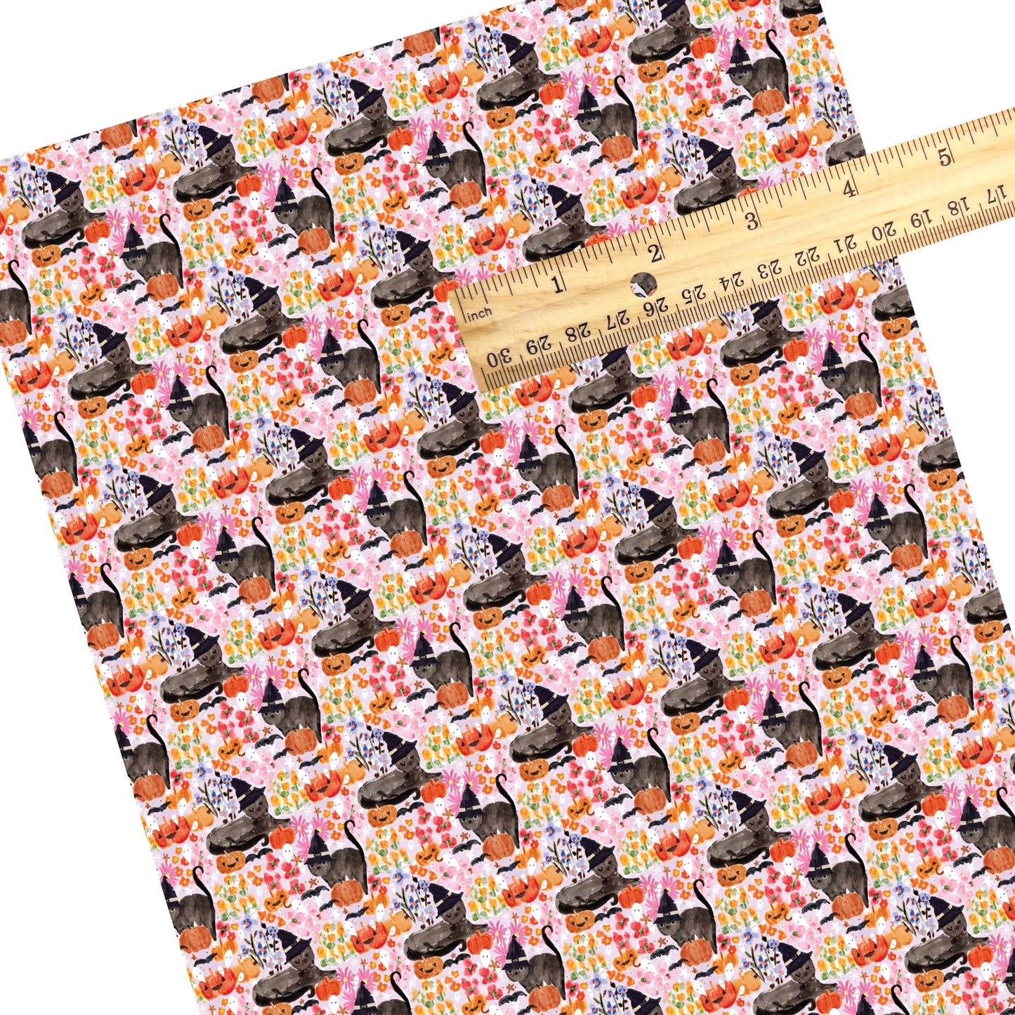 These Halloween themed pattern faux leather sheets contain the following design elements: black cats surrounded by flowers and pumpkins. Our CPSIA compliant faux leather sheets or rolls can be used for all types of crafting projects.