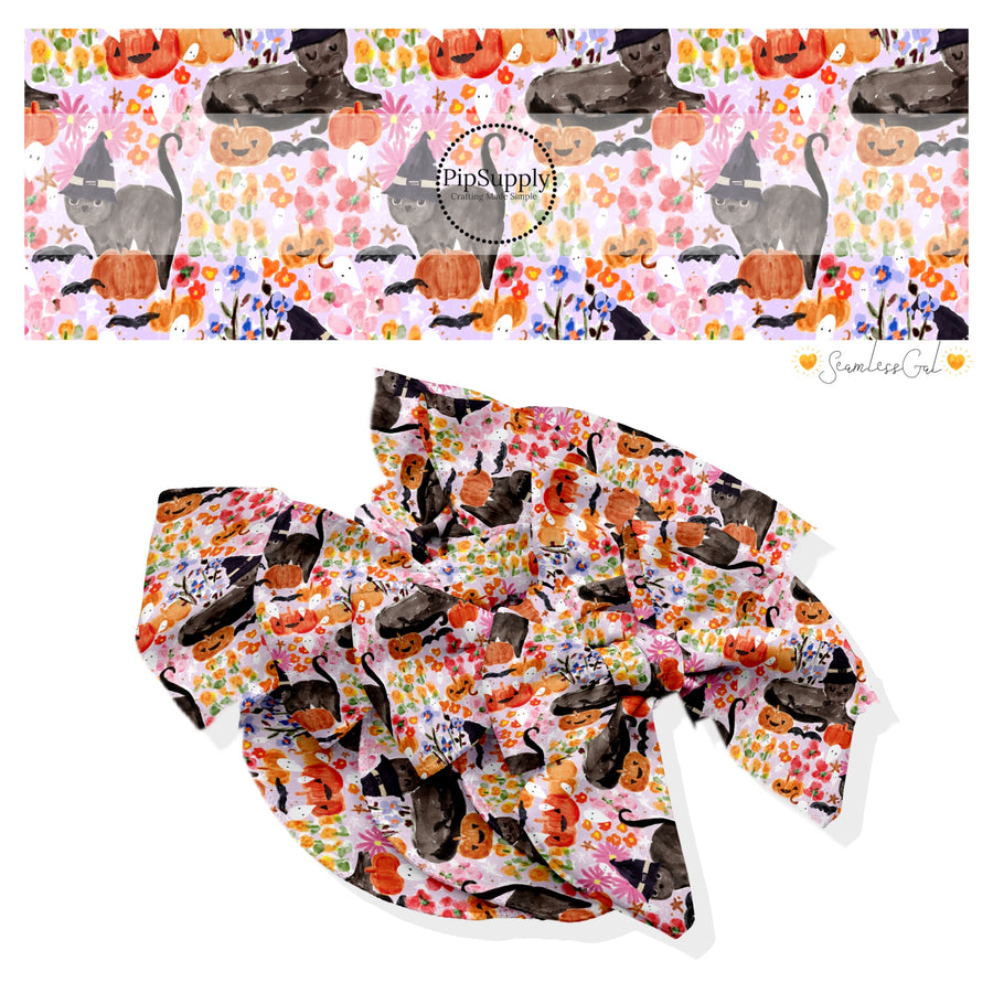 These Halloween themed no sew bow strips can be easily tied and attached to a clip for a finished hair bow. These fun spooky patterned bow strips are great for personal use or to sell. These bow strips feature the following design elements: black cats surrounded by flowers and pumpkins.