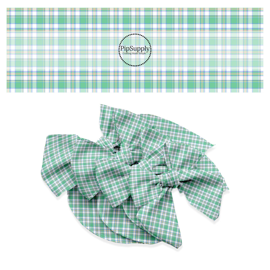 These spring themed no sew bow strips can be easily tied and attached to a clip for a finished hair bow. These festive bow strips are great for personal use or to sell. These bow strips feature the following design elements: green spring tartan pattern.