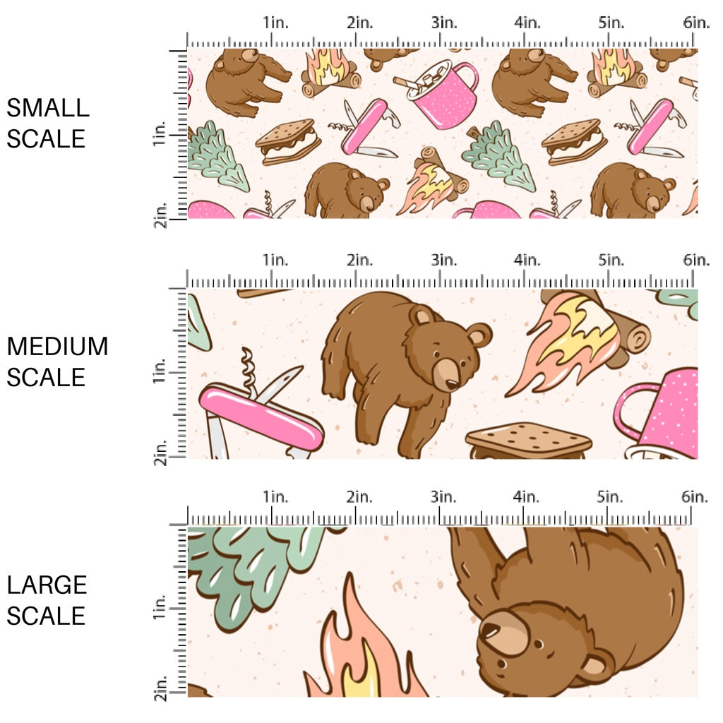 This scale chart of small scale, medium scale, and large scale of this summer fabric by the yard features smores, hot cocoa, and brown bears. This fun summer themed fabric can be used for all your sewing and crafting needs! The designer of this pattern is Julie Storie Designs.