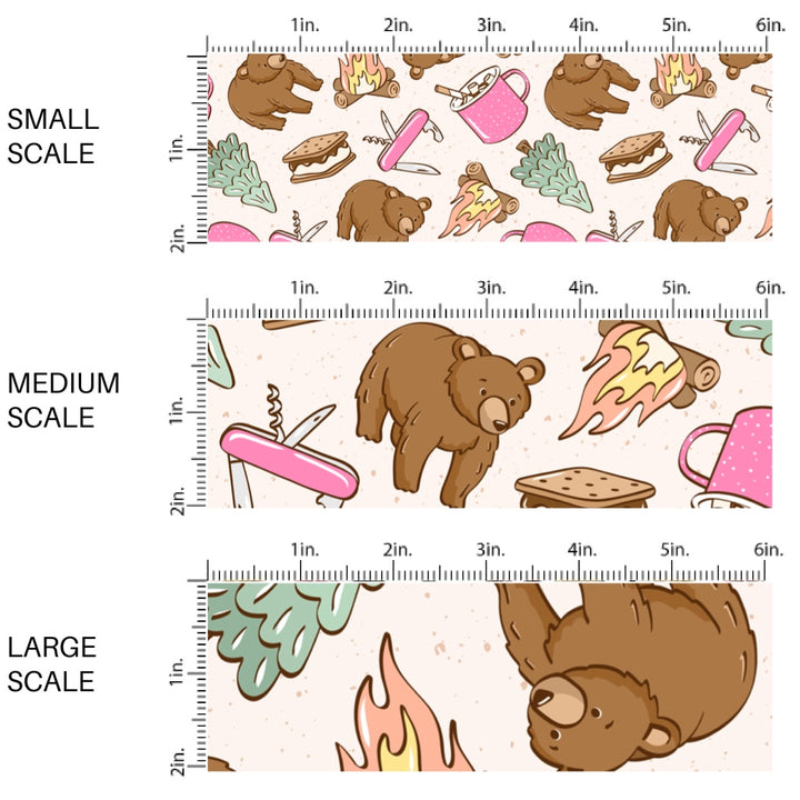 This scale chart of small scale, medium scale, and large scale of this summer fabric by the yard features smores, hot cocoa, and brown bears. This fun summer themed fabric can be used for all your sewing and crafting needs! The designer of this pattern is Julie Storie Designs.