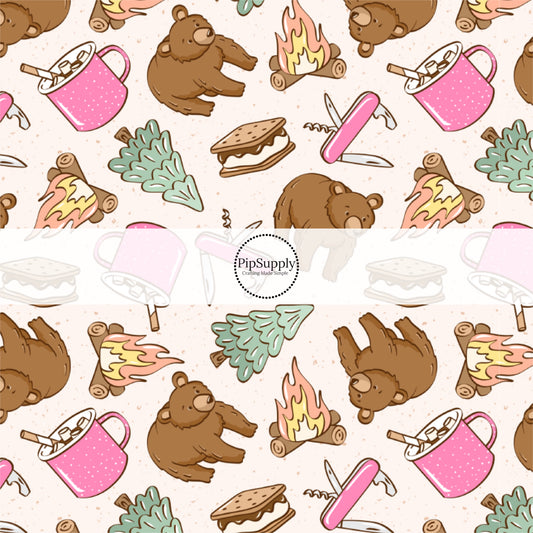 This summer fabric by the yard features smores, hot cocoa, and brown bears. This fun summer themed fabric can be used for all your sewing and crafting needs! The designer of this pattern is Julie Storie Designs.
