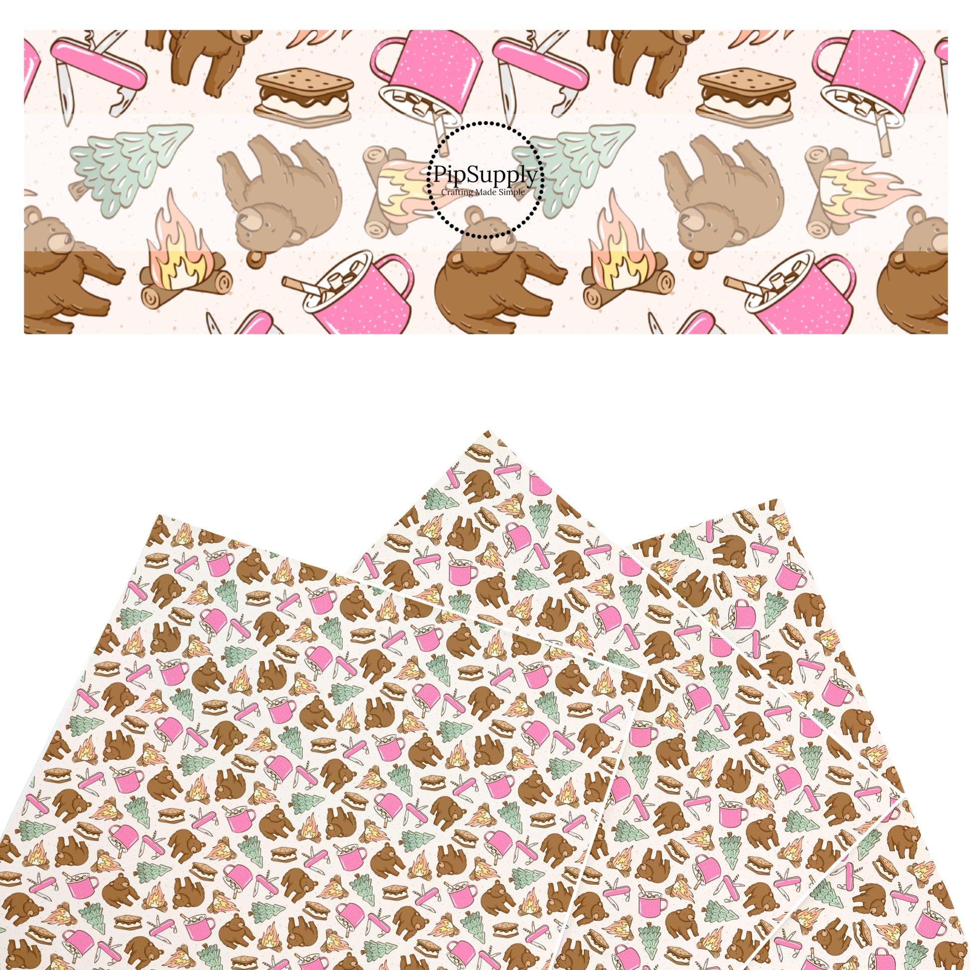 These summer faux leather sheets contain the following design elements: smores, hot cocoa, and brown bears. Our CPSIA compliant faux leather sheets or rolls can be used for all types of crafting projects. The designer of this pattern is Julie Storie Designs.