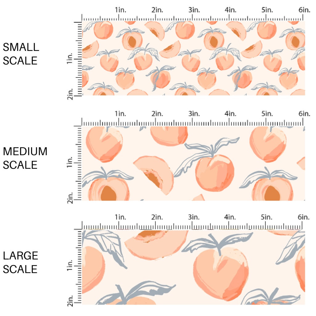 This scale chart of small scale, medium scale, and large scale of this summer fabric by the yard features peaches on cream. This fun summer themed fabric can be used for all your sewing and crafting needs!