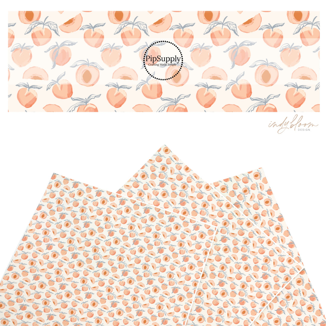 These summer faux leather sheets contain the following design elements: peaches on cream. Our CPSIA compliant faux leather sheets or rolls can be used for all types of crafting projects.