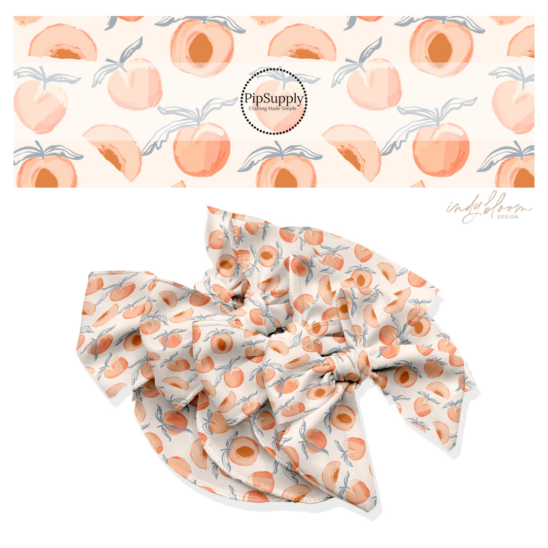 These summer themed no sew bow strips can be easily tied and attached to a clip for a finished hair bow. These summer patterned bow strips are great for personal use or to sell. These bow strips feature peaches on cream.