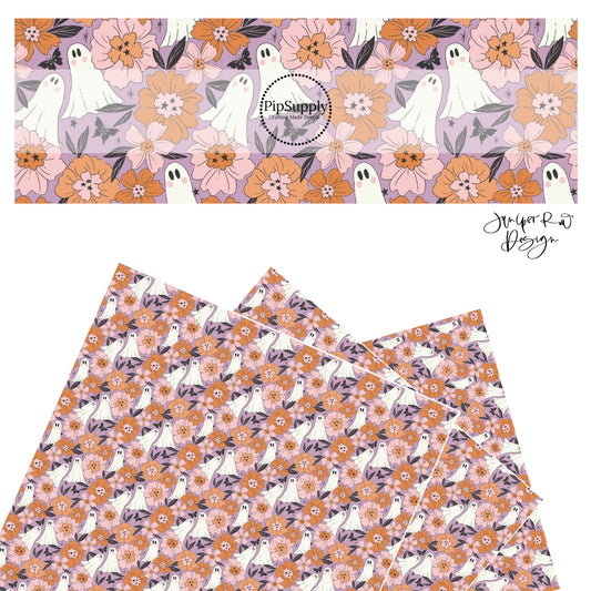 White ghost with pink and orange flowers on purple hair bow strips