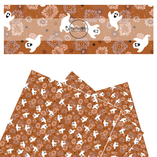 White ghost, boho flowers, and stars on rust faux leather sheets