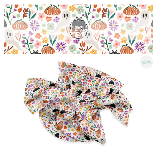 Ghost, flowers, bats, and pumpkins on cream hair bow strips