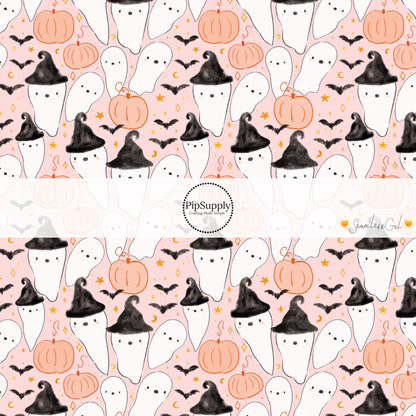 Ghost, witch hats, pumpkins, bats, stars, and moons on pink hair bow strips