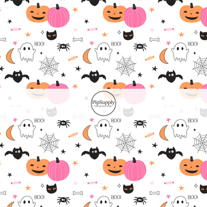 Halloween buddies with candy on white hair bow strips