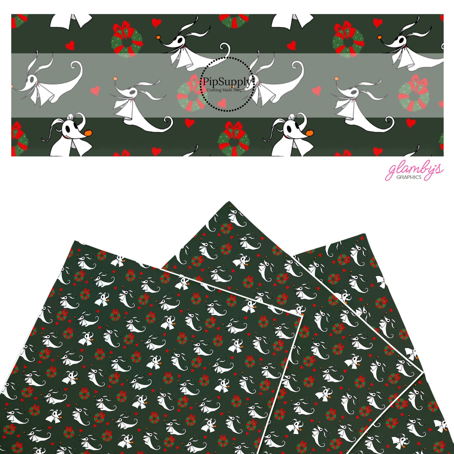 These Christmas themed pattern faux leather sheets contain the following design elements: holiday ghost dog with Christmas wreaths on green. Our CPSIA compliant faux leather sheets or rolls can be used for all types of crafting projects.